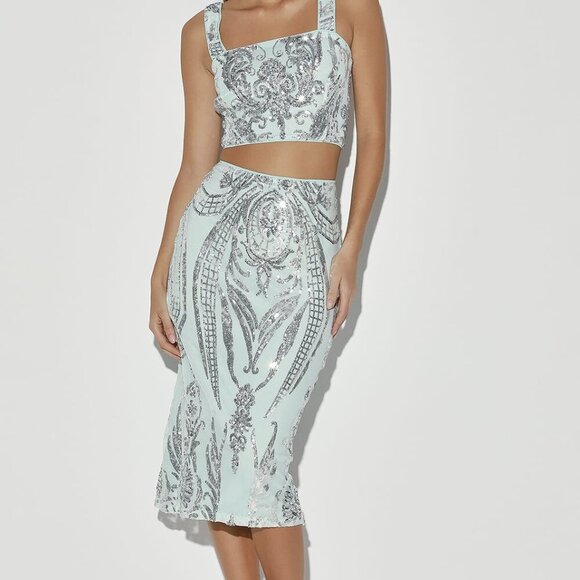 NWT Lulus Beaming Lights Light Blue Sequin Two-Piece Midi Dress - Picture 1 of 8